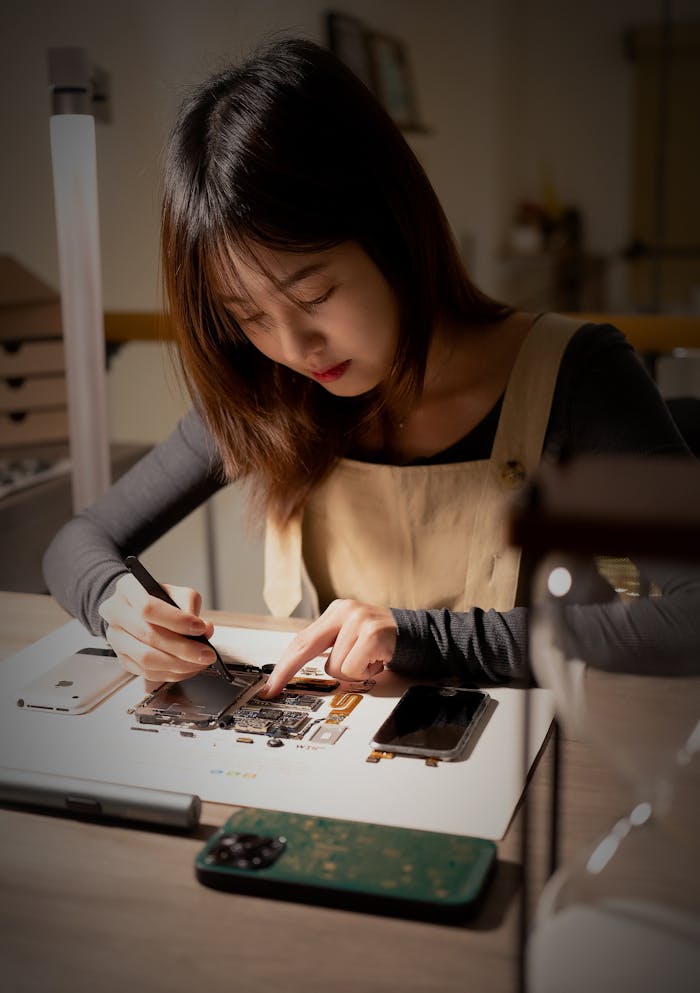 services-02 Focused Asian woman repairing smartphone indoors in a workshop setting.