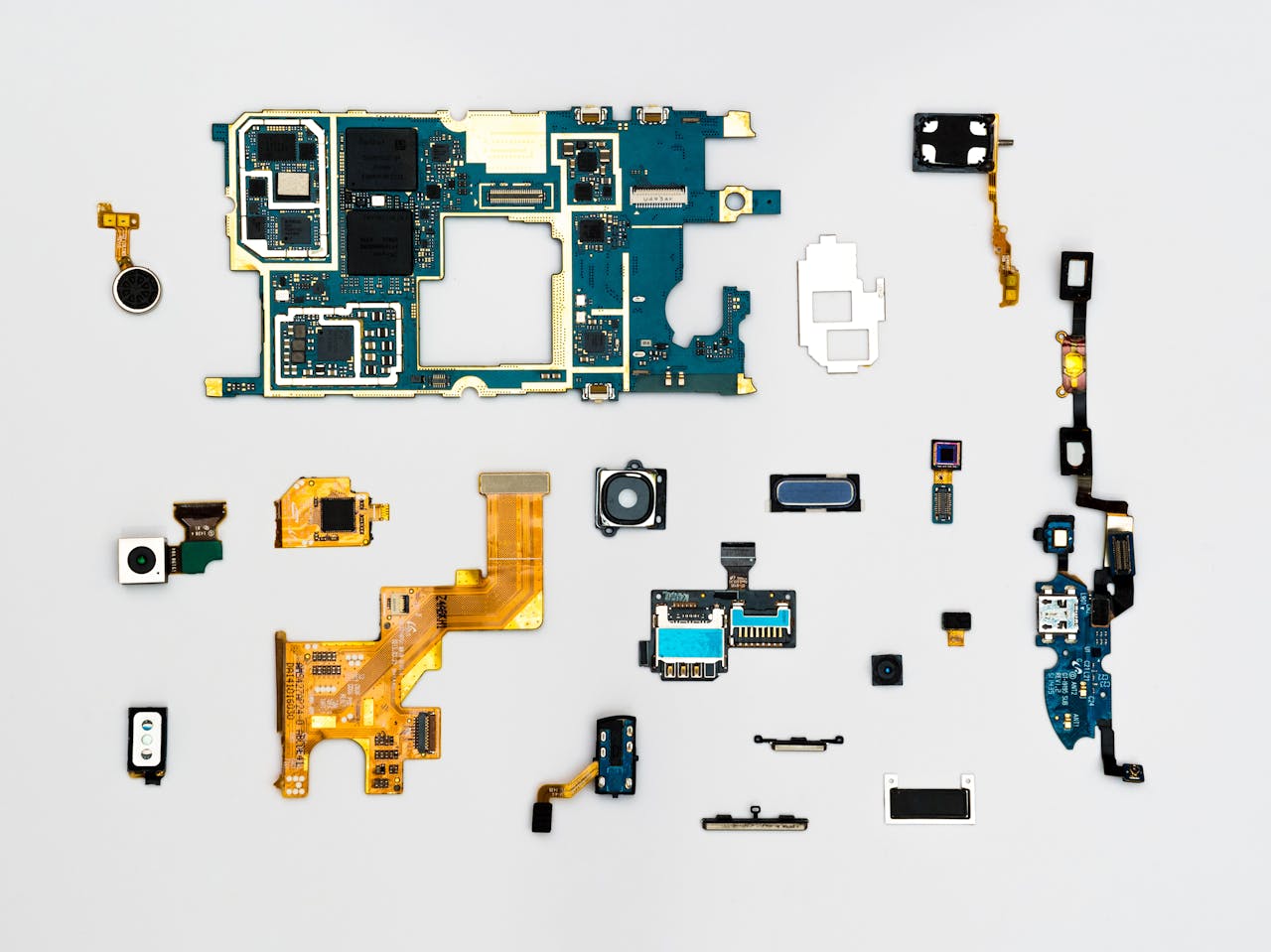 get-in-touch Exploded view of smartphone components showcasing intricate technological design.