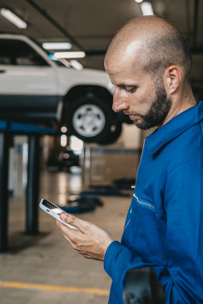 services-04 Bald mechanic using smartphone at auto repair shop with car on lift in background.